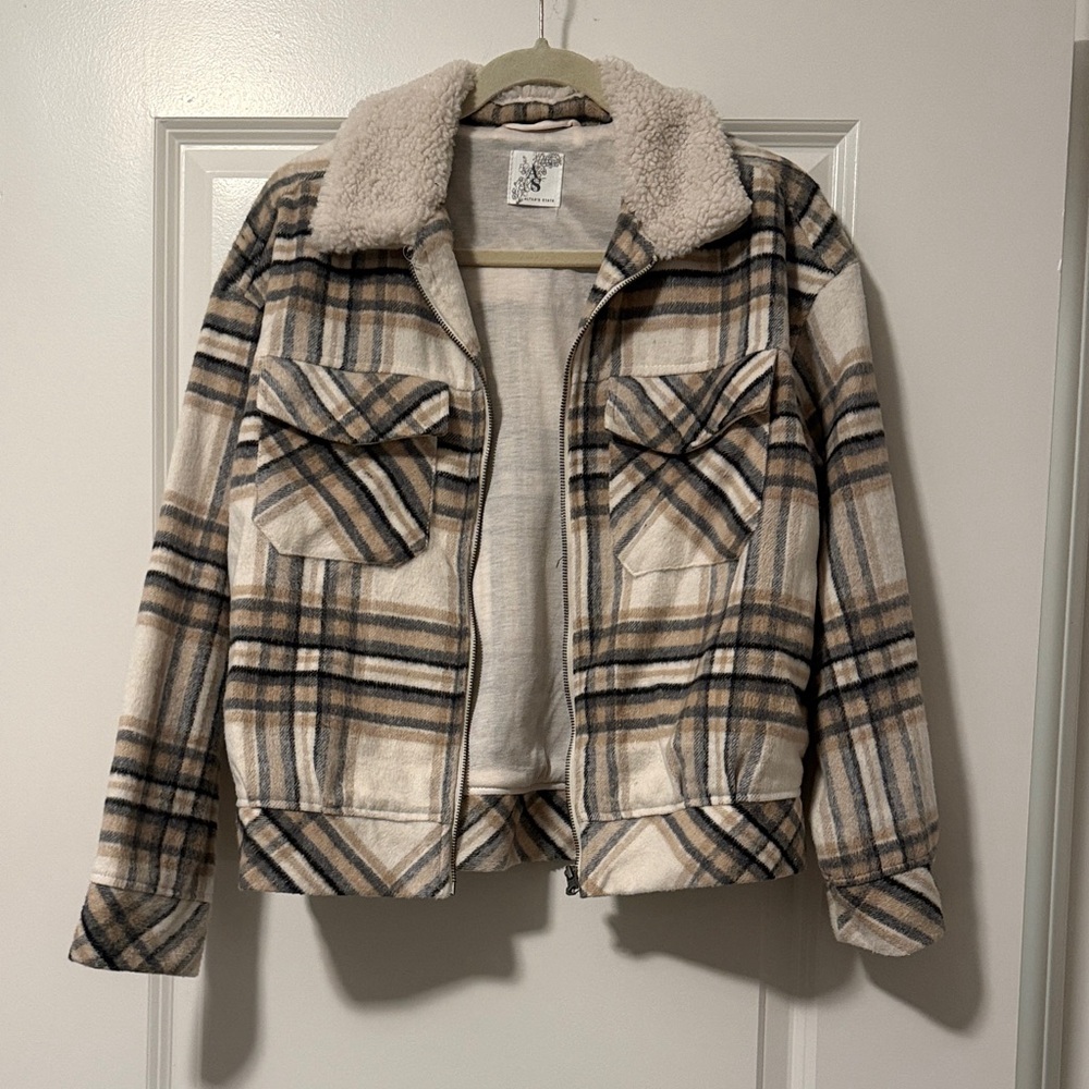 Altar'd State Plaid Teddy Jacket - Cream and Brown